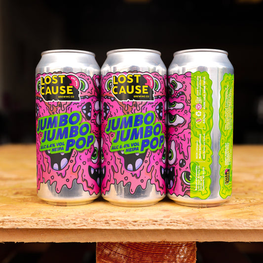 Three cans of Lost Cause Jumbo Jumbo Pop on a wooden surface with a dark background.